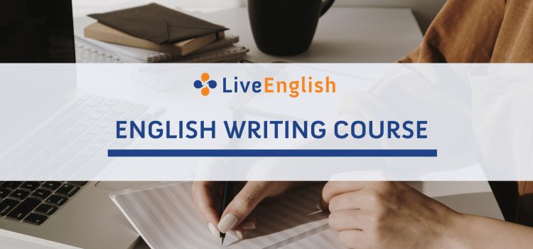 Woman writing by hand next to her laptop for the Live English Writing Course